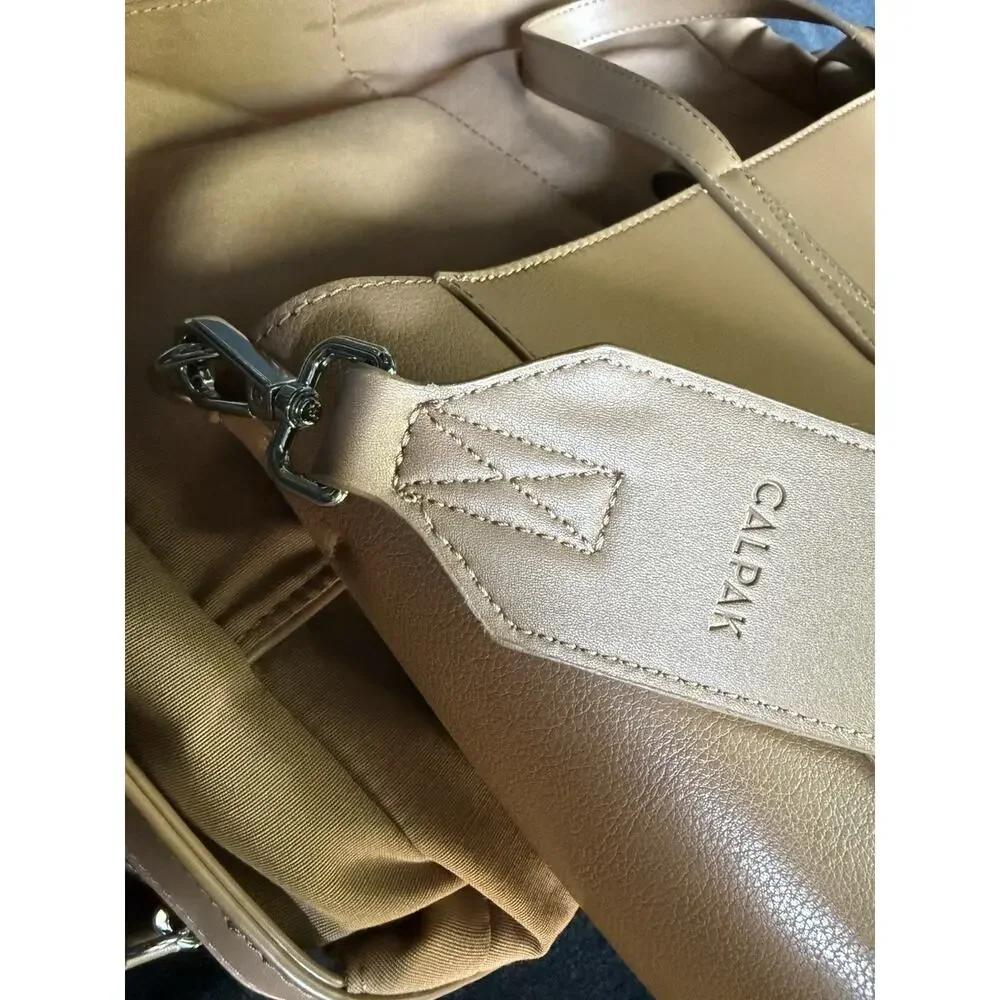 Calpak Haven Laptop Tote Bag Tan Camel Faux Leather Work Commuter w/ Insert